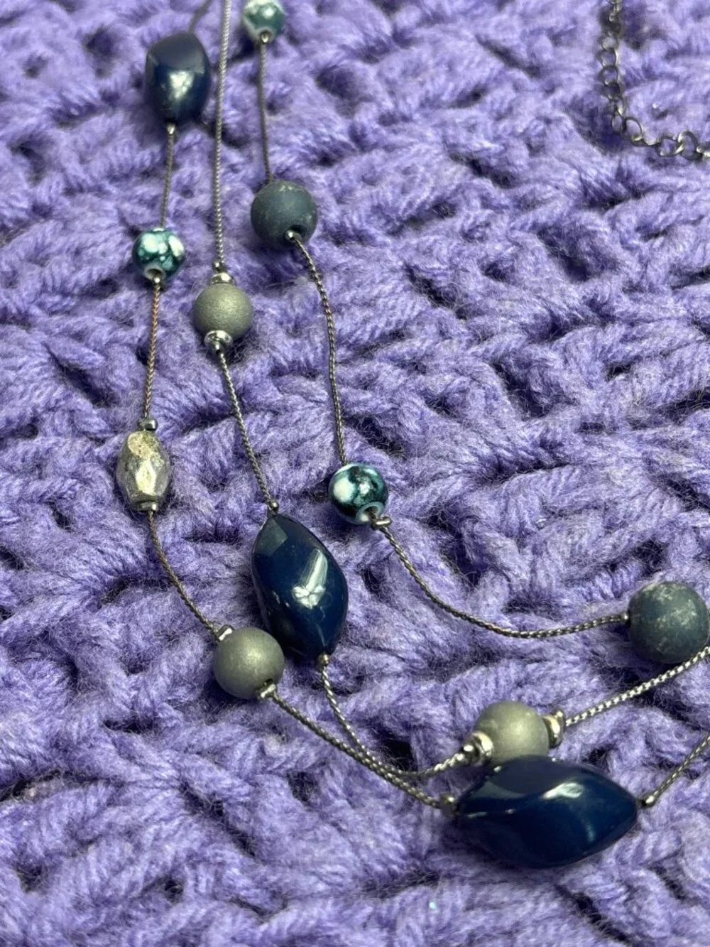 3 Strand Blue Plastic Beaded Gunmetal Chain Necklace 18 - 21 inches